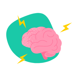 Illustration d’un cerveau rose entouré de 3 représentations d’éclairs