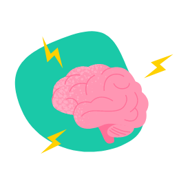 Illustration d’un cerveau rose entouré de 3 représentations d’éclairs